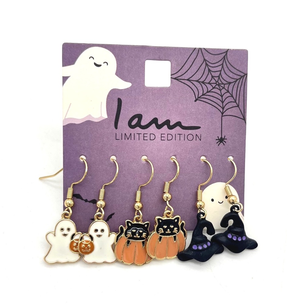 I Am Limited Edition Halloween Earring Set Ghost Cat Pumpkin Witch Hat 3 Pairs